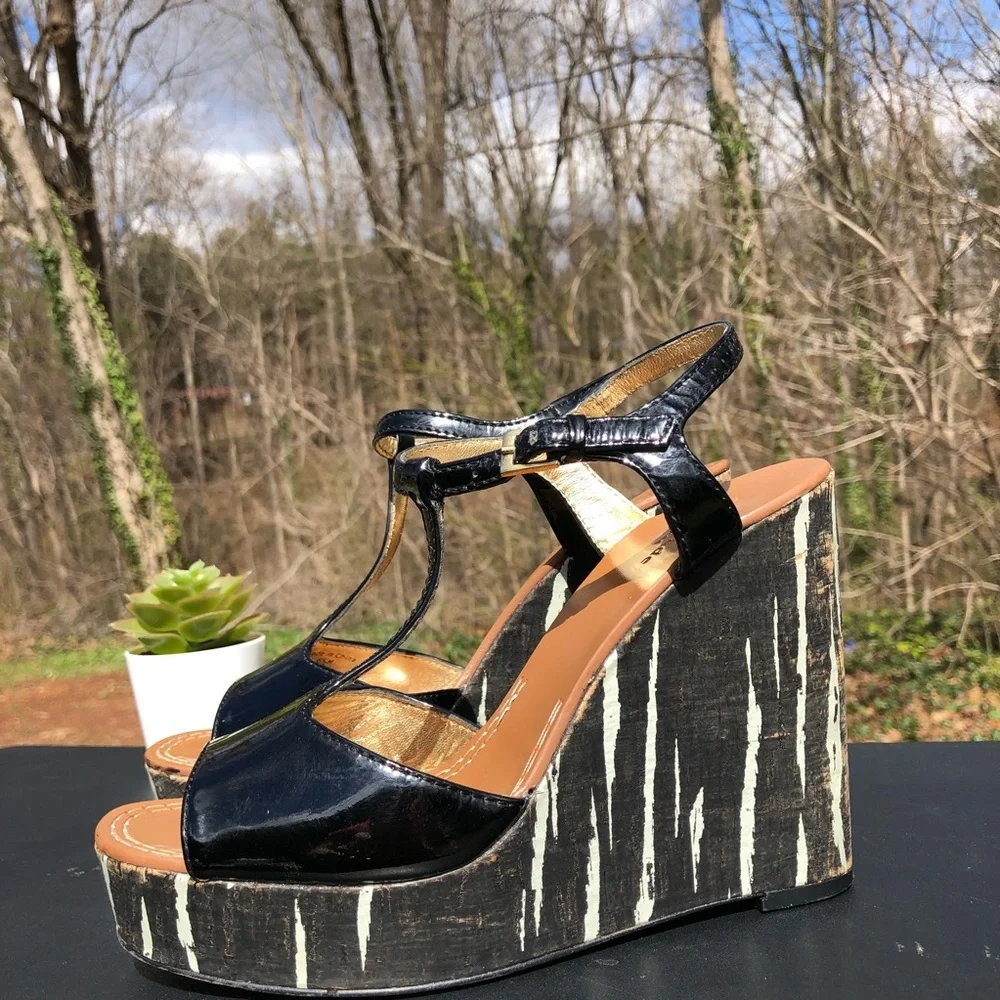 KATE SPADE New York Black Patent Leather Cork Wedge Platform Size 6.5‎ M (b10)